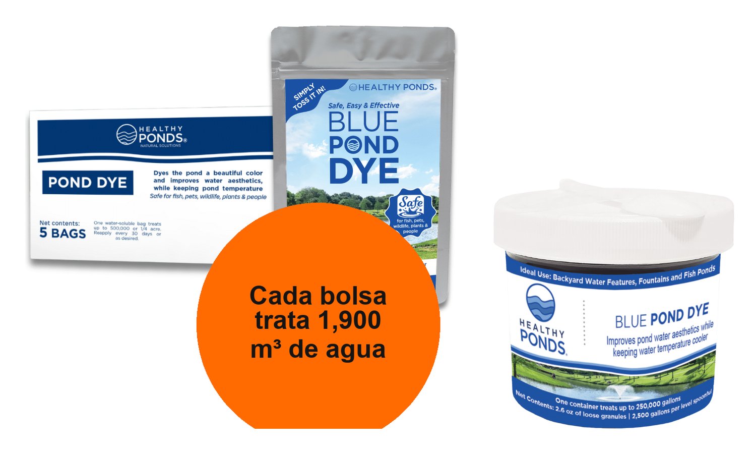 Colorante para estanques, presentaciones azul y negro reflectivo